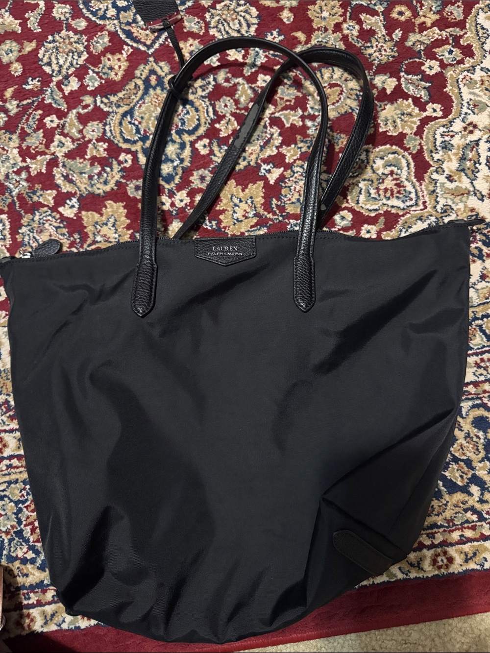 Lauren Ralph Lauren Black Nylon Tote with real Leather Handles